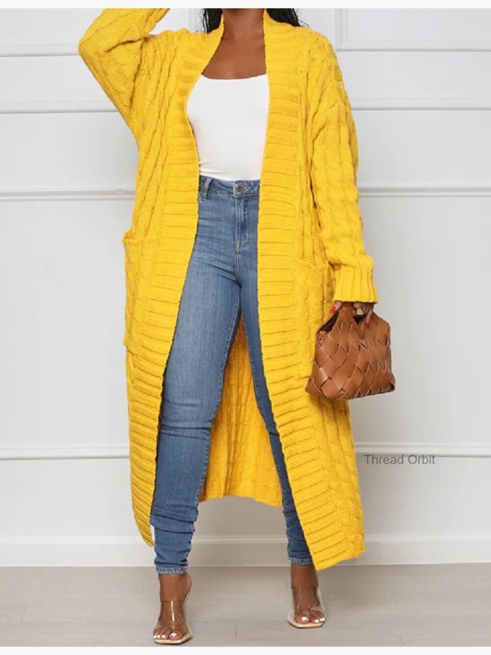 Chunky Cable Knit Open Front Cardigan with Pockets Long Maxi - Picture 4 of 5